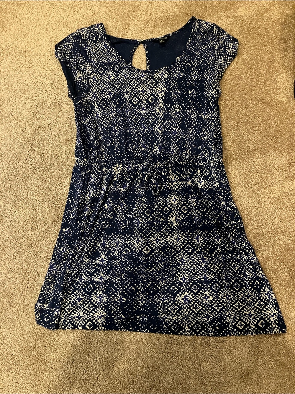 Lucky Brand Navy and White Printed Cap-Sleeve Dress